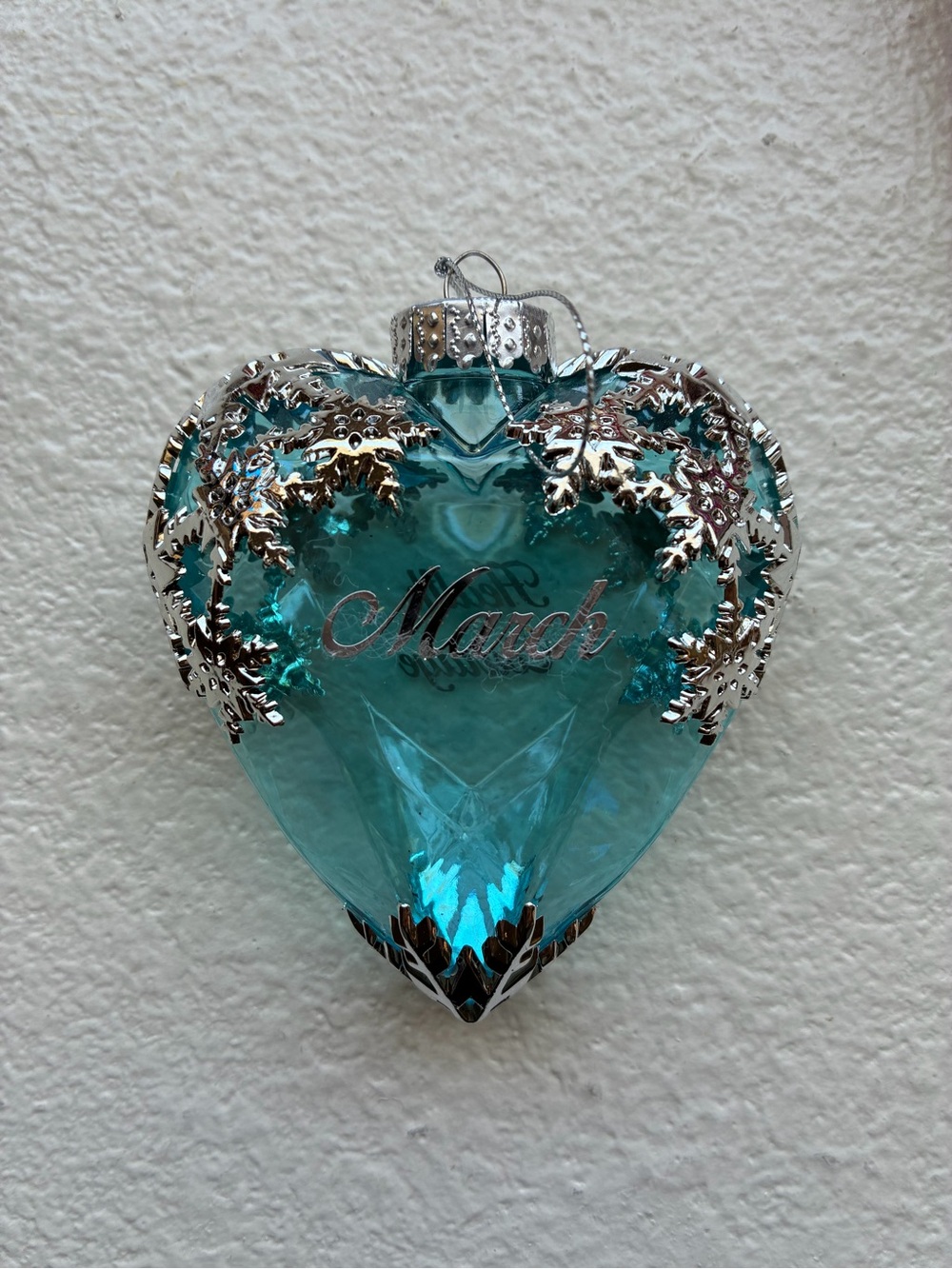 Holiday Time Teal Heart Ornament with Silver Snowflake Trim